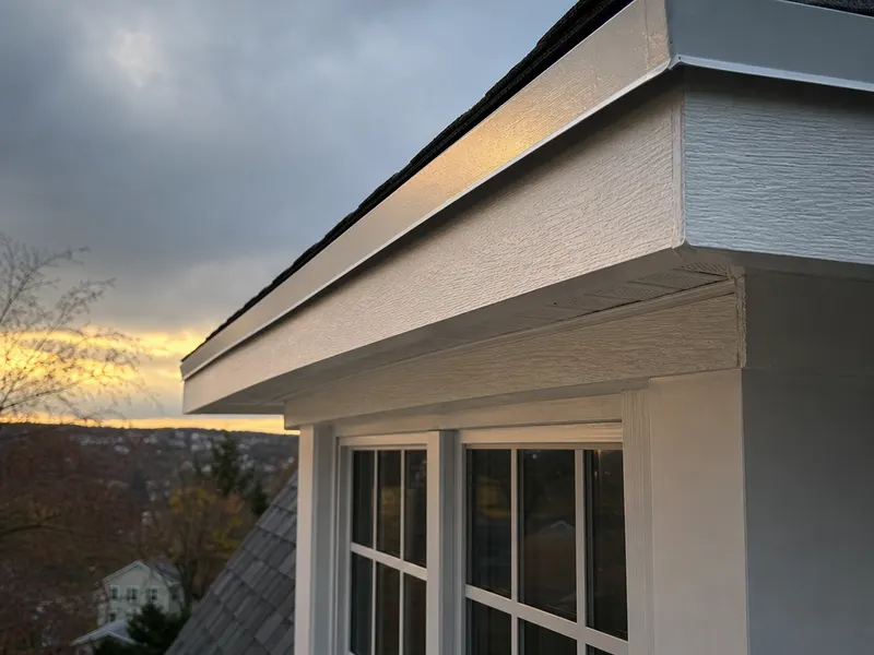 Close-up of a roofline with freshly replaced soffit, fascia and trim.