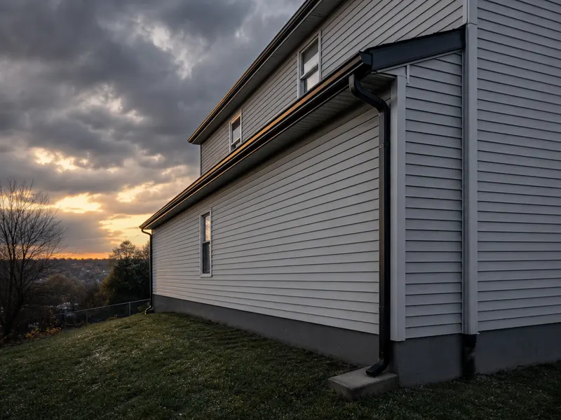 Side of a home with new lap siding and seamless gutters with a downspout.