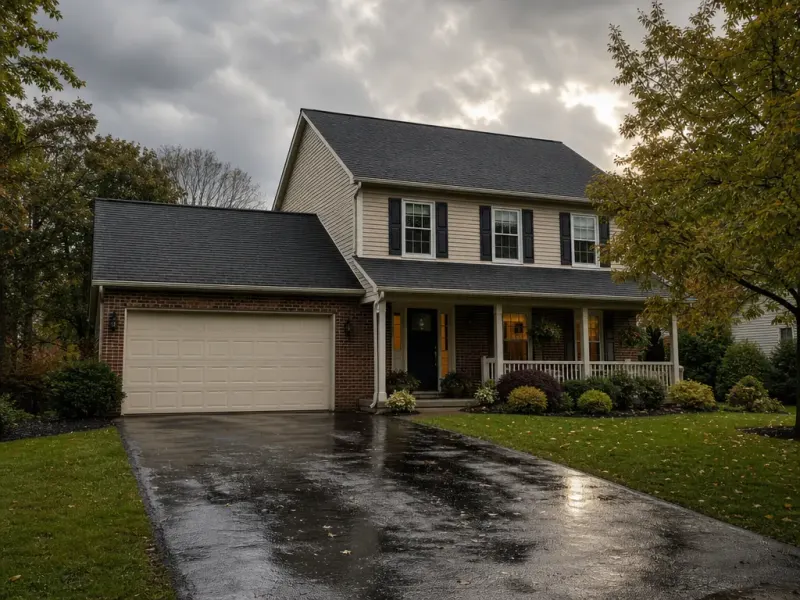 Pittsburgh home with a restored roof under a clearing storm sky.